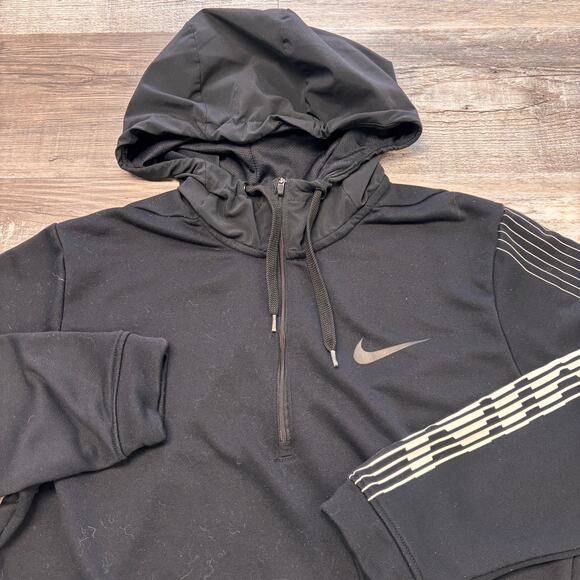 Nike Dri‎ Fit Black Black Mens M Spell Out Sleeves Logo Swoosh Sweatshirt Hoodie - Picture 1 of 7